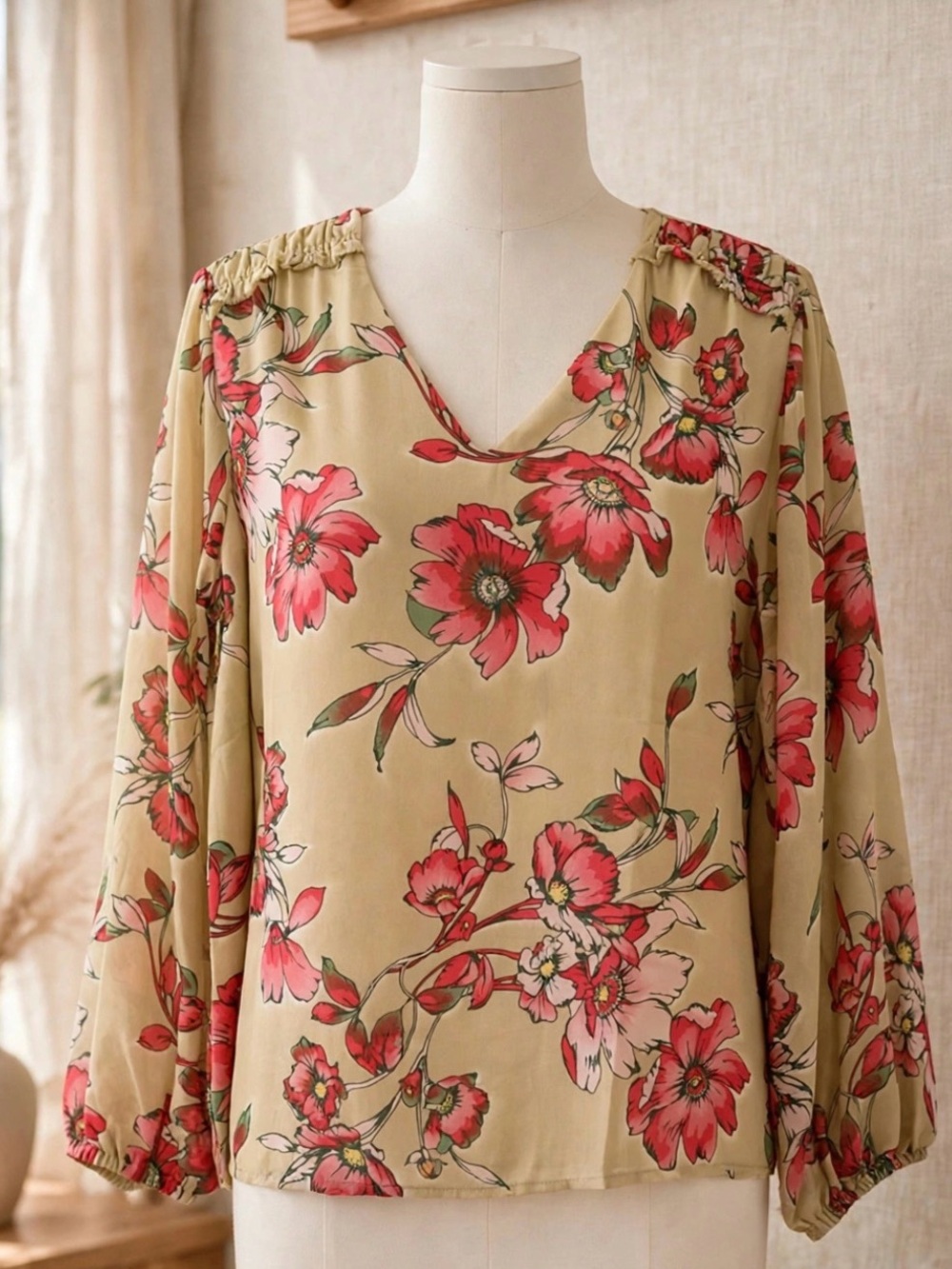 Belle by Kim Gravel Beige V-Neck Blouse with Pink Floral Print